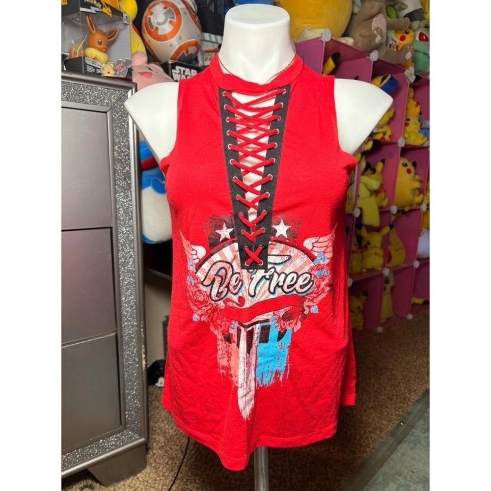 Y2K No Boundaries Red Lace Up Be Free Graphic Tank Top Womens Medium #2